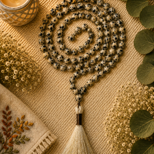 Natural Dalmatian Jasper Jap Mala 108+1 Beads | Meditation Prayer Beads