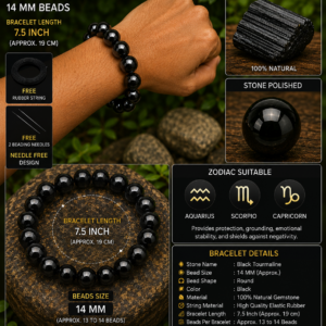 Natural Black Tourmaline Quartz Bracelet - 14mm
