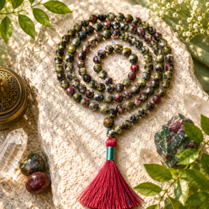 African Bloodstone Faceted Jap Mala 108+1 Beads Meditation Prayer Necklace