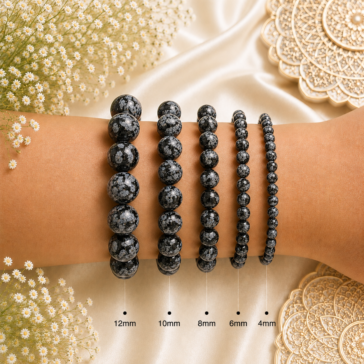 Snowflakes Obsidian Bracelet | Genuine Gemstone Beaded Bracelet | DIYSM